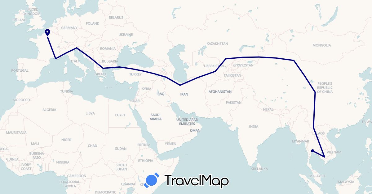 TravelMap itinerary: driving in China, France, Greece, Iran, Italy, Cambodia, Kazakhstan, Thailand, Turkey, Uzbekistan (Asia, Europe)